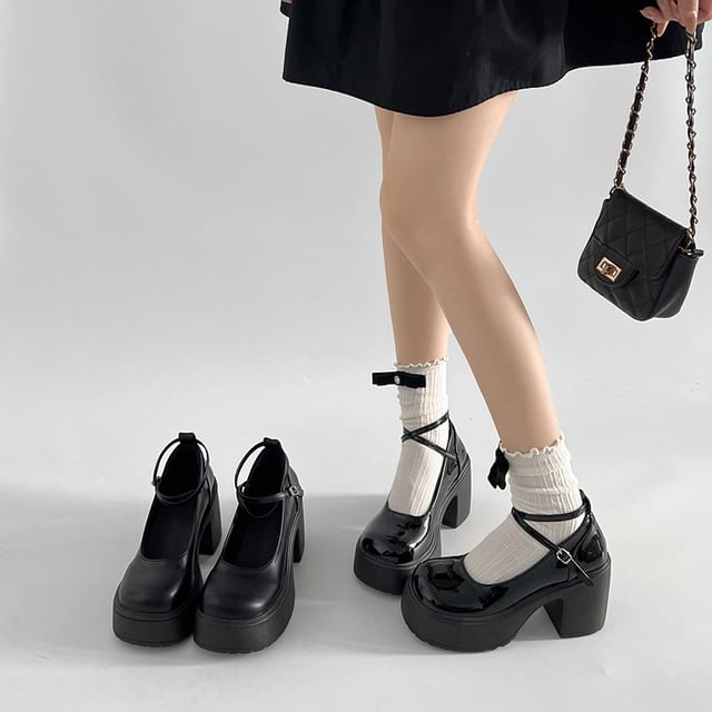 Nikao-Platform Ankle Strap Block Heel Pumps