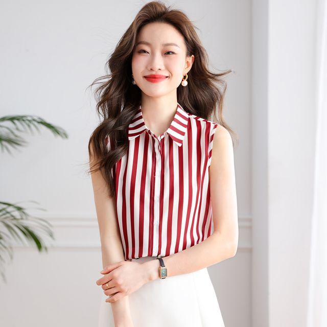 Dragan Pulse-Sleeveless Collared Striped Blouse
