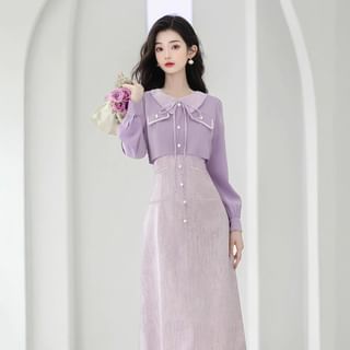 Cocaliso Long-Sleeve Collar Bow Midi A-Line Dress Sale