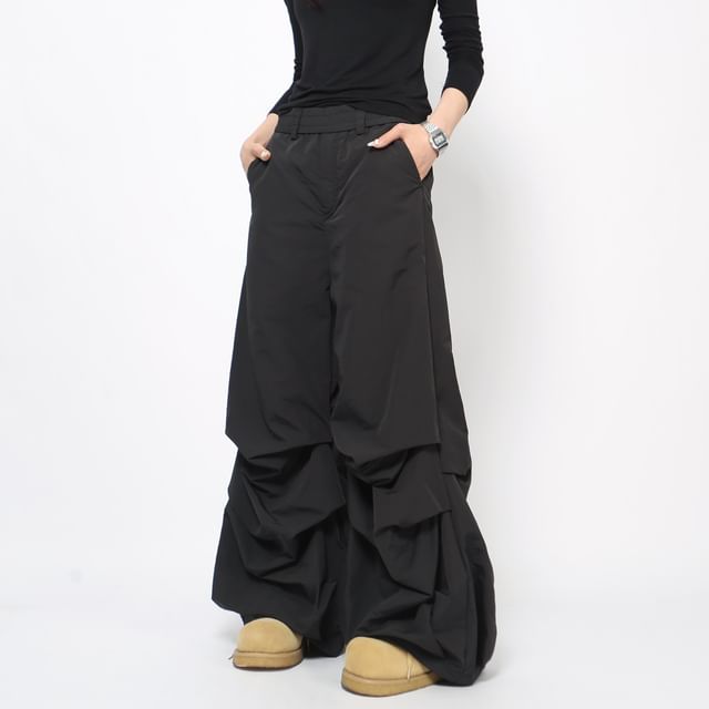 Derbundy-Mid Rise Plain Ruched Wide Leg Pants