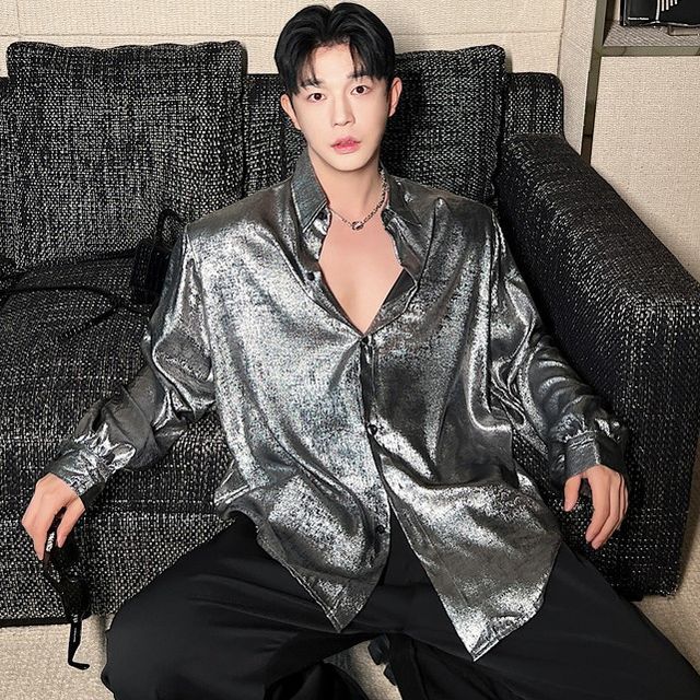 Freehop-Long-Sleeve Collared Metallic Shirt