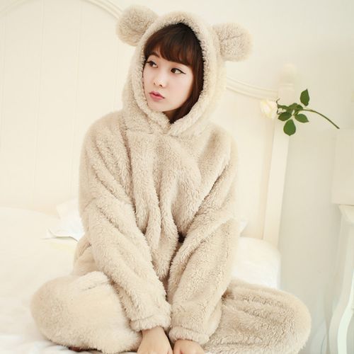 Dshe - Pajama Set: Bear Ear Hooded Fleece Button-Up Jacket + Pants ...