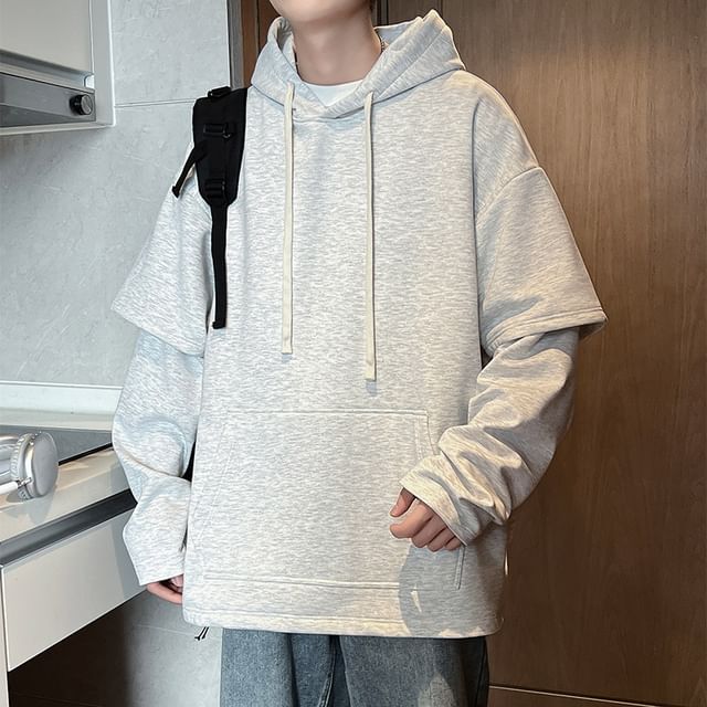 Stone Leo-Mock Two-Piece Plain Drawstring Hoodie