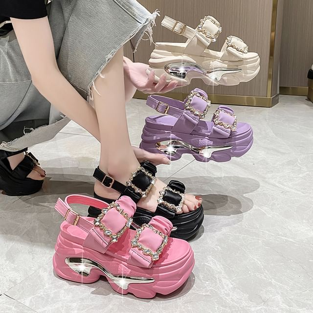 Sleeko-Rhinestone Platform Chunky Heel Sandals
