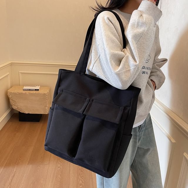 Mulgam-Plain Flap Pocket Fabric Tote Bag