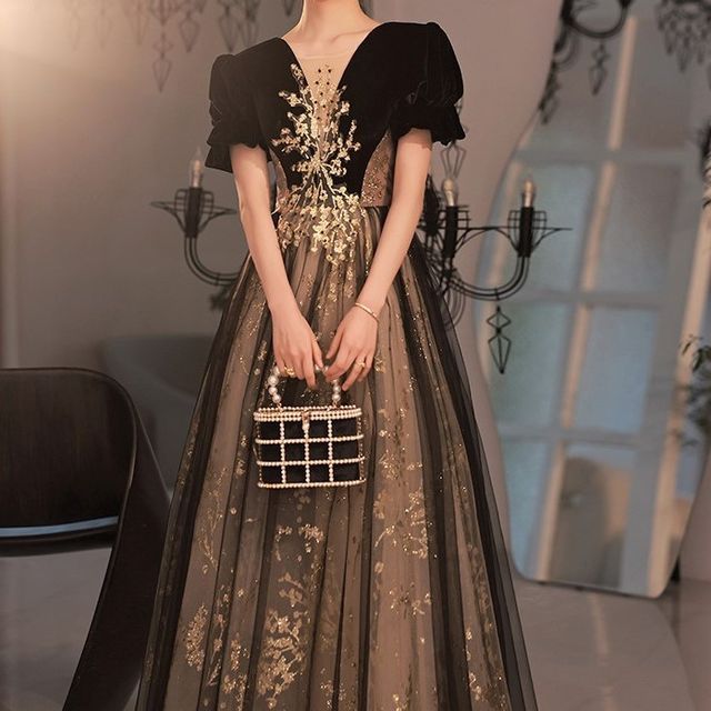 Angel Bridal - Short-Sleeve Embellished Mesh Cocktail Dress