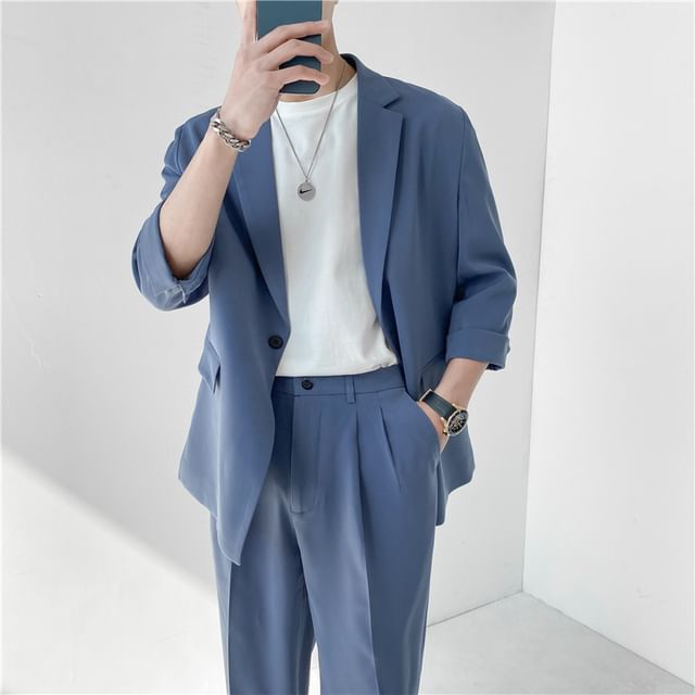 Blueforce-Set 34-Sleeve One-Buttoned Blazer High Waist Straight Leg Dress Pants
