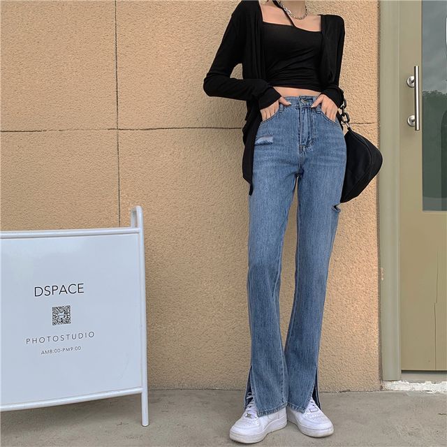 High-Waist Slit Straight Leg Jeans 