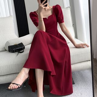 Pouapa - Puff-Sleeve Square Neck Plain Midi A-Line Dress | YesStyle