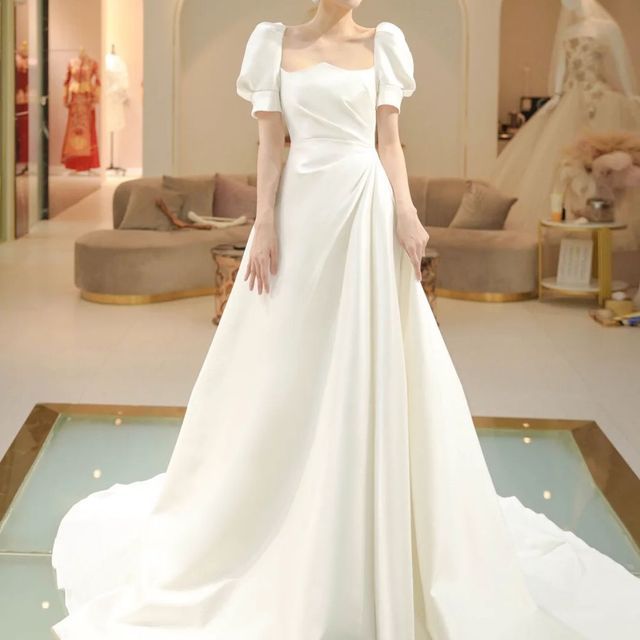 Mackizin Puff Sleeve Square Neck Plain Ruched Satin A Line Wedding Gown YesStyle