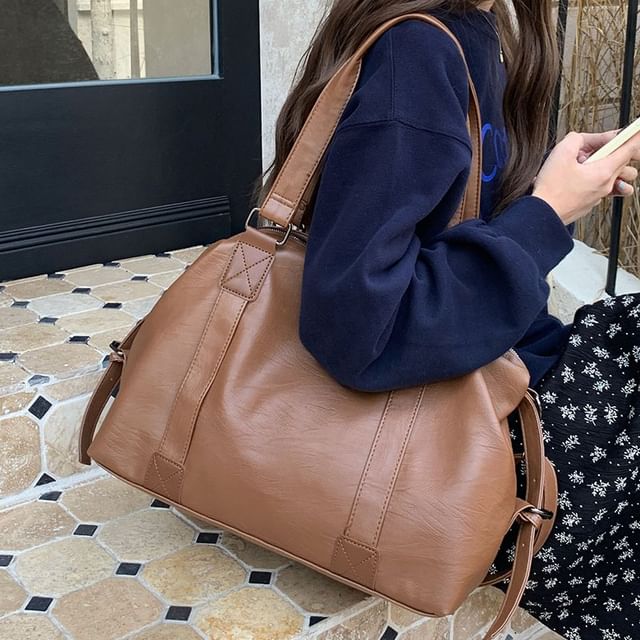 Indenis-Plain Faux Leather Carryall Bag