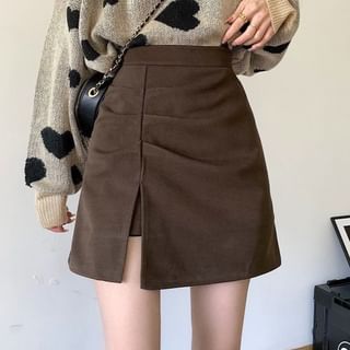 Sisyphi-High Waist Plain Ruched Slit Mini A-Line Skirt