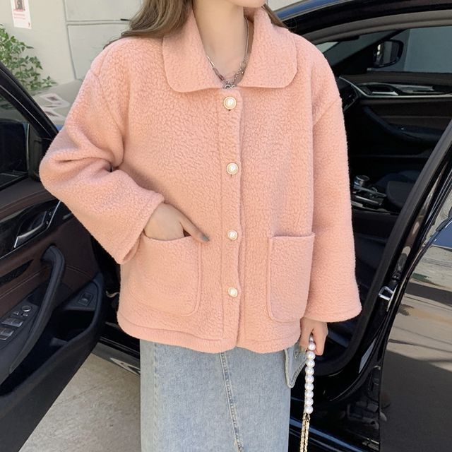 Everose-Collared Plain Faux Pearl Button-Up Fleece Jacket