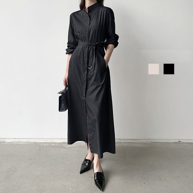Cheraulate - Long-Sleeve Plain Satin Midi Shirt Dress | YesStyle