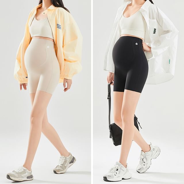 POKU-Maternity High Waist Plain Biker Shorts