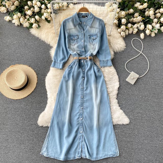 knee length dresses for ladies Women's Layers Denim Maxi Dress with Tiered Silhouette – Wash Lab –  washlabshop main image 0