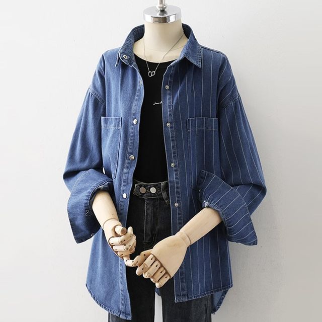 Cossita-Long-Sleeve Striped Panel Button-Up Oversized Denim Shacket