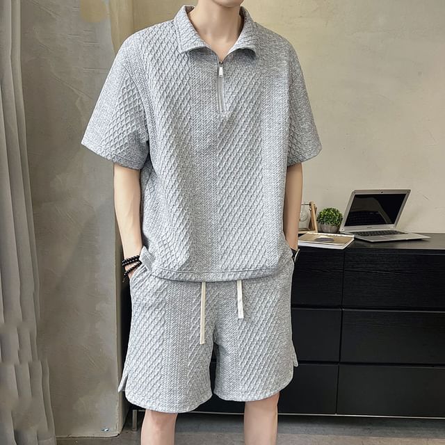 WidoWilder-Set Elbow-Sleeve Plain Textured Half-Zip Polo Shirt Drawstring Waist Wide Leg Sweat Shorts