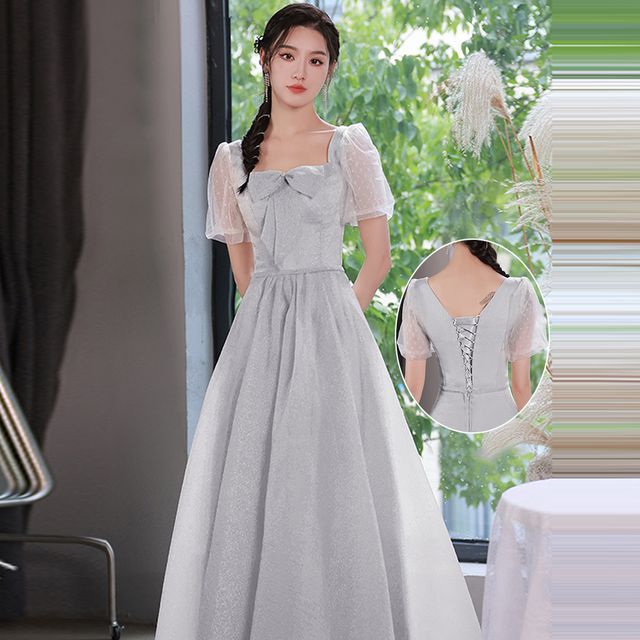 bow sleeve bridesmaid dress Misshow Elegant A-line V-Neck Short Sleeve Bridesmaid Dresses with Bow Sash Floor-Length Chiffon Evening Dress