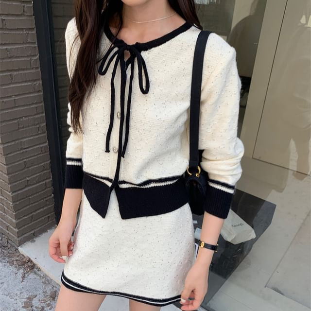 Beem-Set Crew Neck Sequin Contrast Trim Button-Up Crop Cardigan High Rise Mini Pencil Knit Skirt