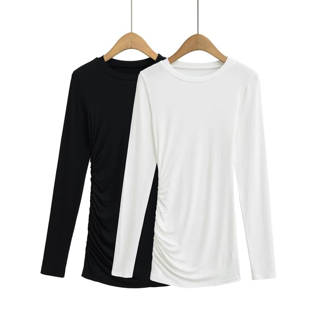 Asiris-Long-Sleeve Crewneck Plain Mini Dress
