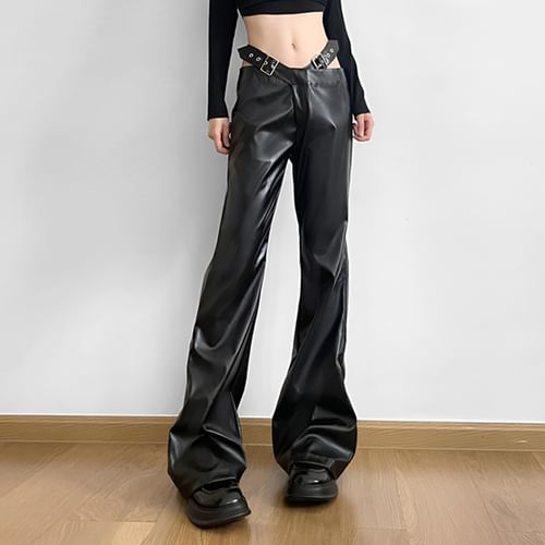 BrickBlack - Low Rise Plain Cutout Buckled Faux Leather Flared Pants