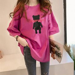 Gecko - Elbow-Sleeve Bear Print T-Shirt Gecko - Elbow-Sleeve Bear Print T-Shirt