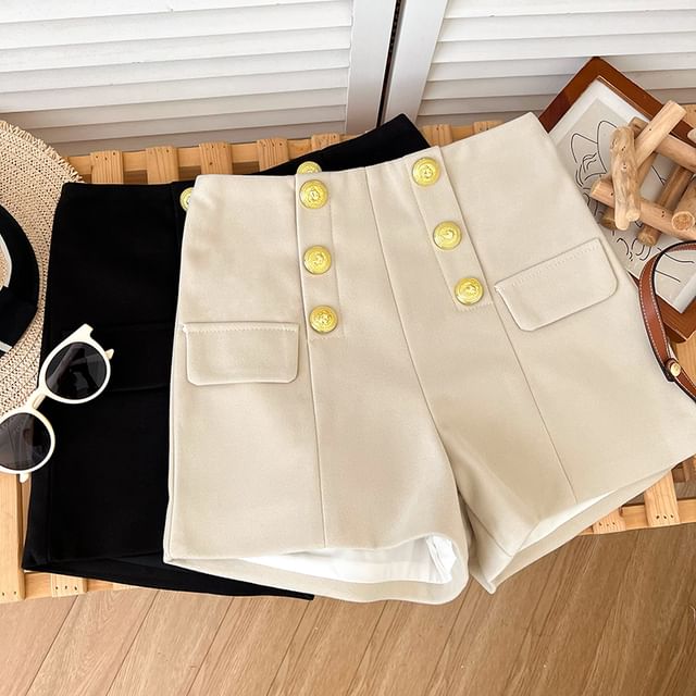 DIYI-High Waist Plain Button Detail Shorts