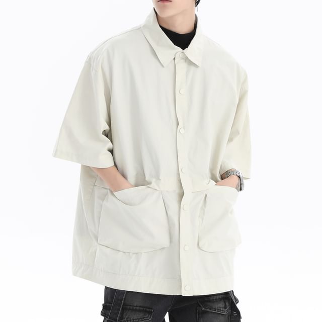 INStudio-Short Sleeve Lapel Patch Plain Pocket Shirt