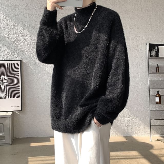 Orungeetun-Turtleneck Plain Fluffy Oversized Sweater