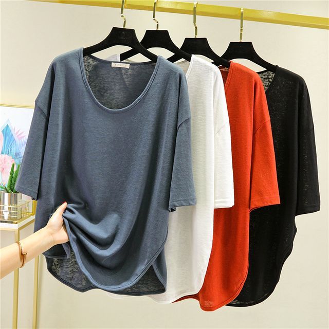 KUMI-Elbow-Sleeve Linen T-Shirt