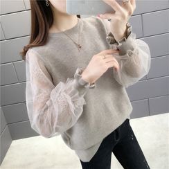 Quelite - Puff-Sleeve Lace Panel Sweatshirt