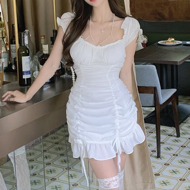 white slinky hook & eye puff sleeve bodycon dress White slinky hook and eye puff sleeve body con