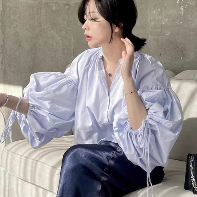 Coris-Puff-Sleeve Band Collar Plain Blouse