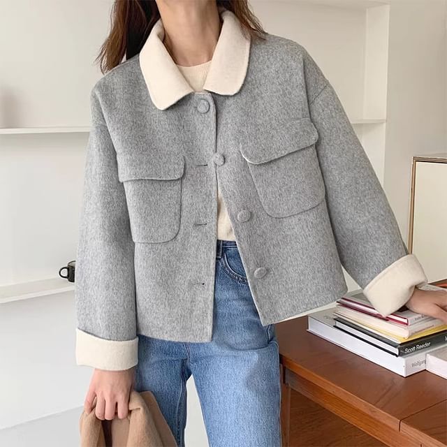 Coris-Contrast Collar Button Jacket