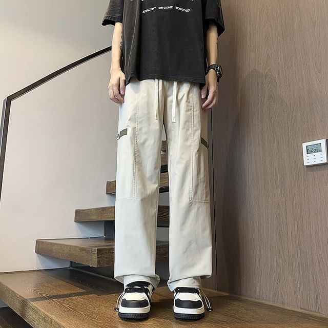 Dandyluxe-Drawstring Waist Plain Cargo Straight Leg Pants