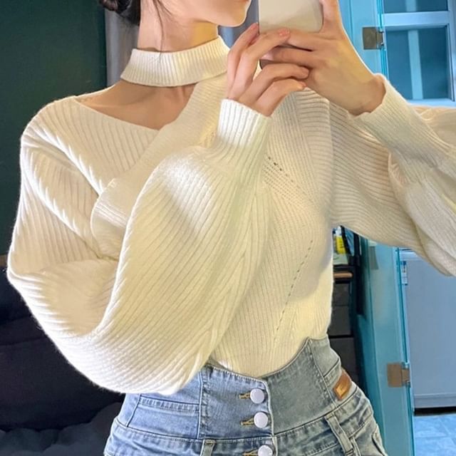 Ulark-Long-Sleeve Choker-Neck Asymmetrical Plain Sweater