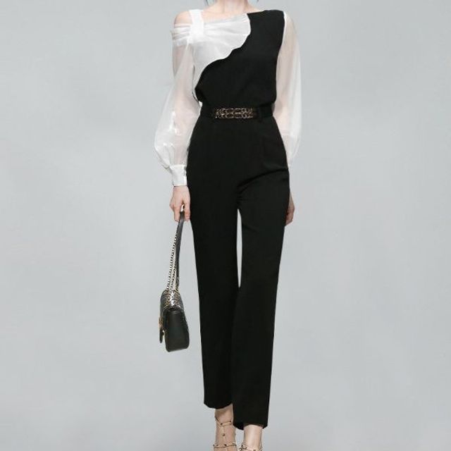 Aurora Set: Balloon Sleeve Cold Shoulder Two Tone Blouse High