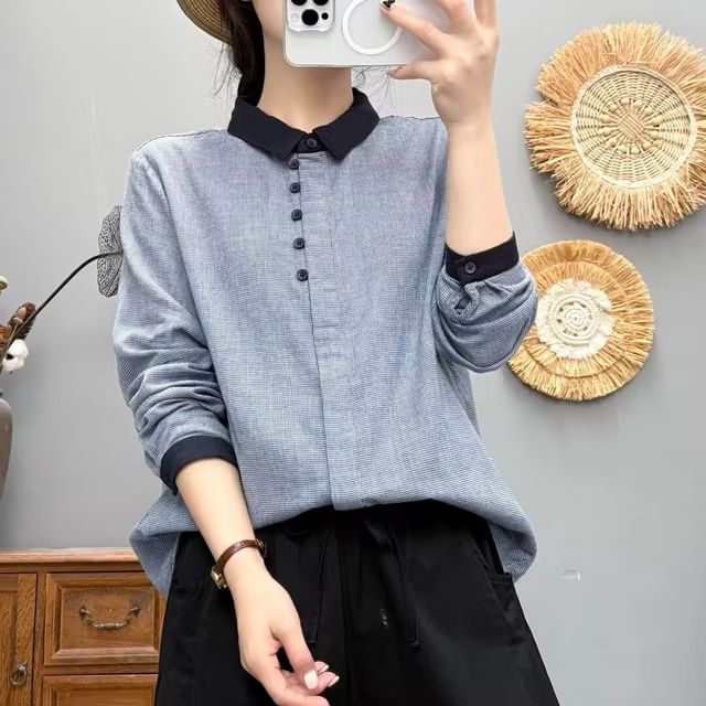 PANDAGO-Long-Sleeve Contrast Trim Shirt