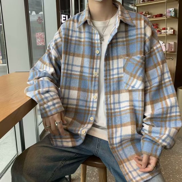 Wewewow-Plaid Button-Up Shirt Jacket