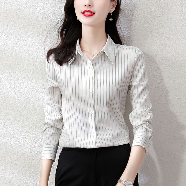 Yilda-Long Sleeve Lapel Neck Striped Button Shirt