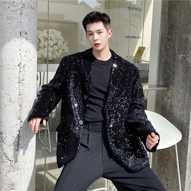 Patow-Lapel Collar Sequined Single Breasted Blazer