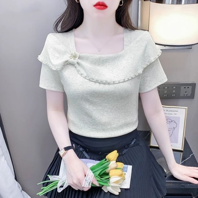 Dragan Pulse-Short-Sleeve Square Neck Asymmetrical Plain Top