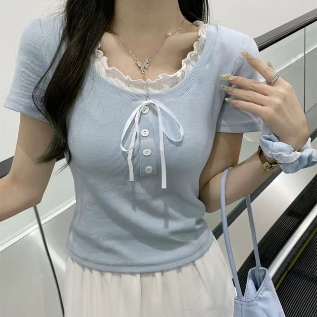 Cloud Nine-Short-Sleeve Lace Trim Half Buttoned Top