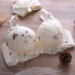 HYG Lingerie - Set: Floral-Embroidered Push-Up Bra + Panties