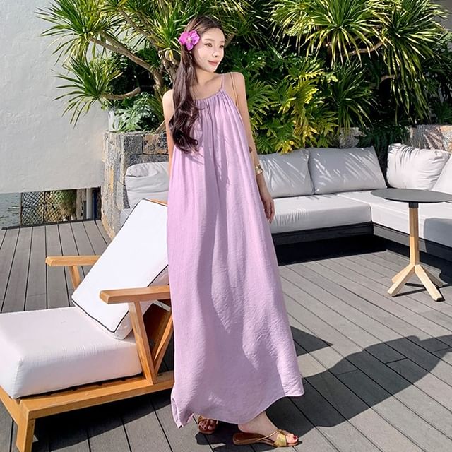 Moanum-Spaghetti Strap Plain Ruched Maxi Tunic Dress