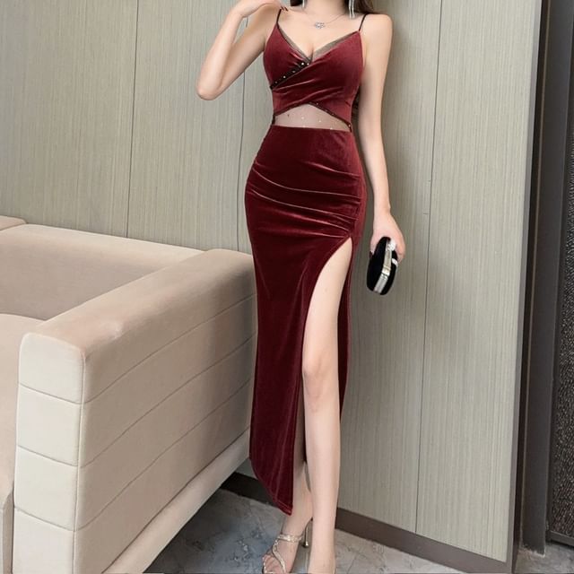 Maine - Spaghetti Strap V-Neck Mesh Panel Velvet Maxi Bodycon Dress | YesStyle Maine - Spaghetti Strap V-Neck Mesh Panel Velvet Maxi Bodycon Dress | YesStyle