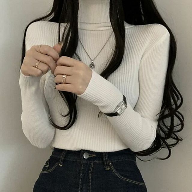 MIKIGA-Turtleneck Plain Ribbed Sweater
