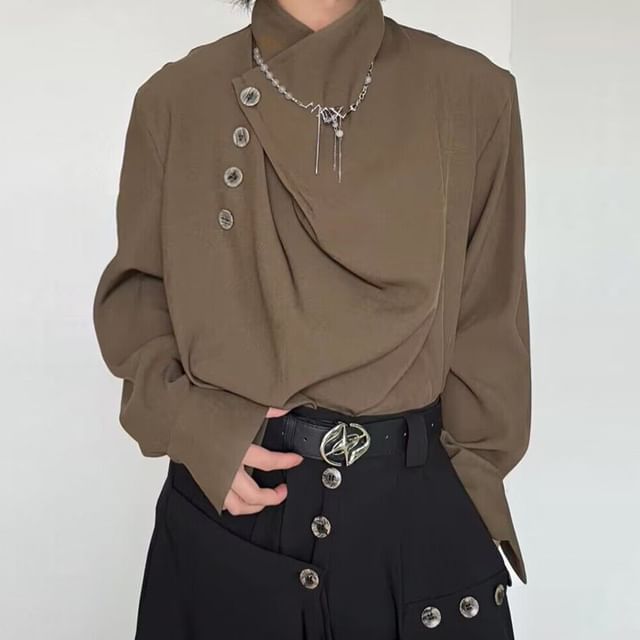 JUN-LEE-Long-Sleeve High Neck Plain Shirt