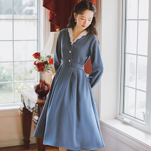 Retro Forest - Contrast Color Collar Long-Sleeve A-Line Dress | YesStyle